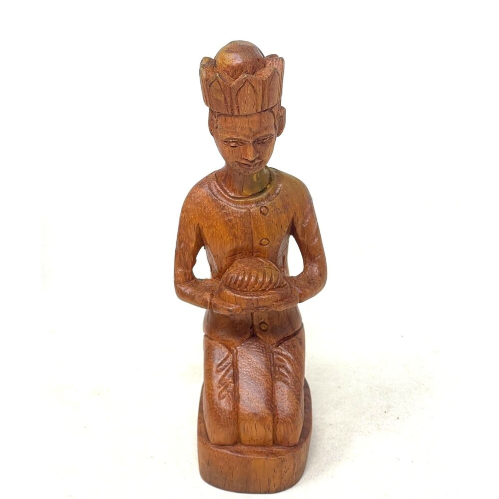 Vtg Hand Carved Thai Buddha Apsara 7" Wood Statue Kneeling, Offering Male Figure